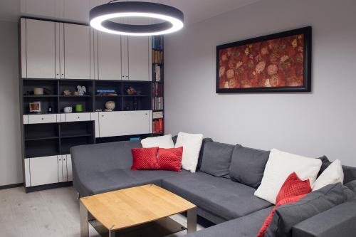 a living room with a gray couch and red pillows at Siauliai Apartments - Lieporiu in Šiauliai
