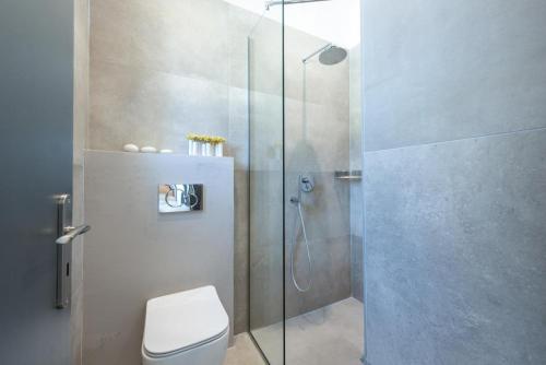 a bathroom with a glass shower with a toilet at Villa Angelos in Katelios