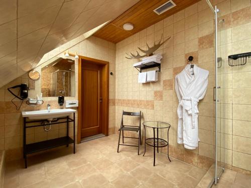 y baño con ducha, lavabo y espejo. en Irbis Hotel, en Kazán