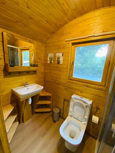 a small bathroom with a toilet and a sink at Camping Oliana in Oliana
