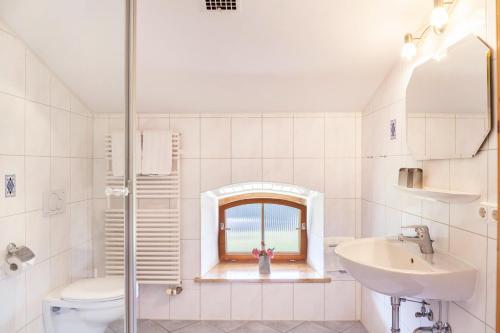 baño con lavabo y aseo y ventana en Ferienwohnung Talblick, en Jachenau