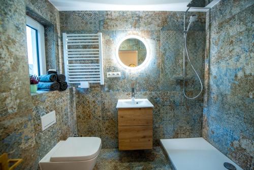 a bathroom with a toilet and a sink and a shower at Ferienwohnungen Hopfen und Malz in Fichtelberg
