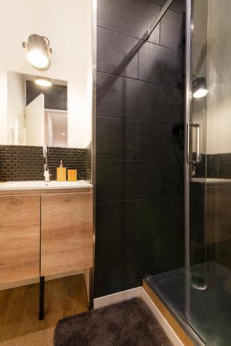 une salle de bain avec douche et lavabo dans l'établissement L'atelier de Nicolas - Bel appt au cœur de Nancy, à Nancy