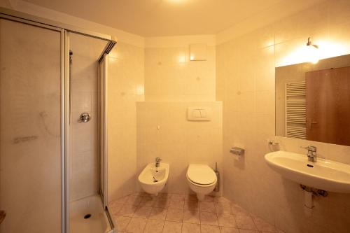 e bagno con servizi igienici, lavandino e doccia. di Peintnerhof Appartments & Zimmer a Naz-Sciaves