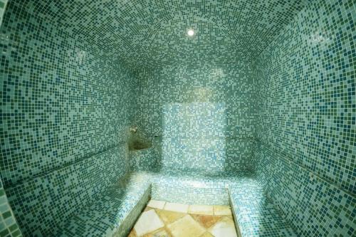 a bathroom with a shower with green tiled walls at Etno hotel Balasevic Rtanj in Boljevac