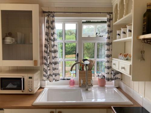 a kitchen with a sink and a microwave and a window at Willow Brook Shepherd Hut in Sidmouth