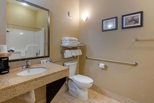 a bathroom with a toilet a sink and a mirror at Comfort Suites Anchorage International Airport in Anchorage