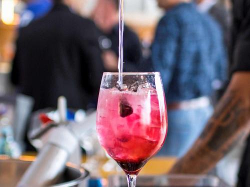 a wine glass with a pink drink in it at Novotel Itu Terras de São José Golf & Resort in Itu