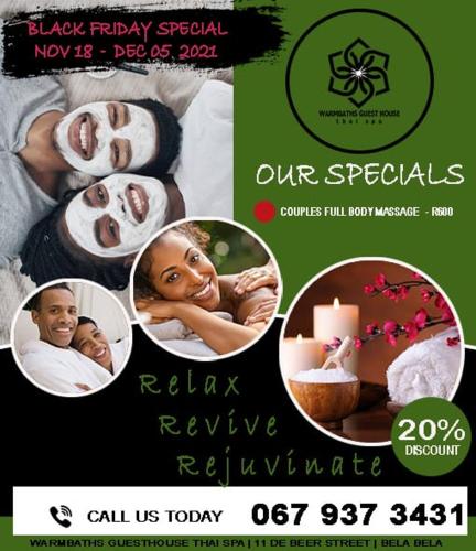 a flyer for a spa with a picture of a woman at Warmbaths Thai Spa and Guest House in Bela-Bela