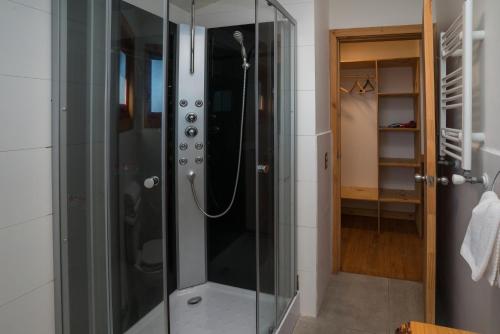 una doccia con una porta in vetro in un bagno di Almabosque Cabañas a Puerto Varas
