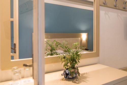 a bathroom with a mirror and a plant on a counter at Porto Koukla Beach in Lithakia