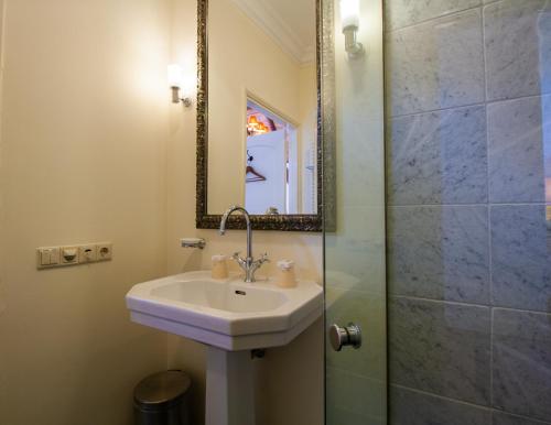 uma casa de banho com um lavatório e um chuveiro em Villa Veertien em Dieren