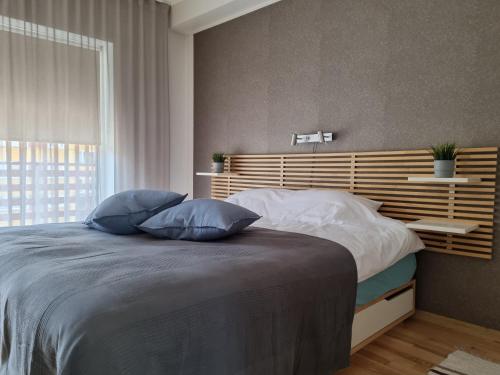 a bedroom with a bed with two blue pillows on it at R63 Apartment with Terrace in Tartu