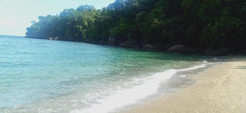 a beach with blue water and trees on the shore at Riverside at Aninuan Accommodation and Food in Puerto Galera