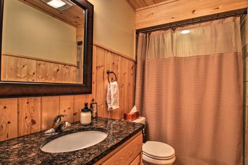 a bathroom with a sink and a toilet and a mirror at Cabin with Fire Pit and Movie Room, 1 Mi to Lake in Pequot Lakes