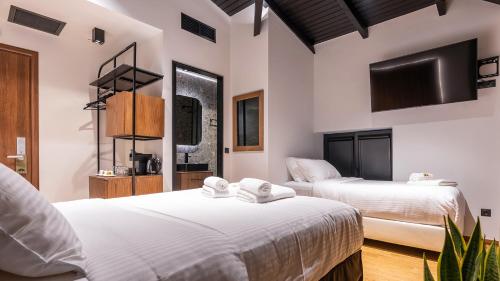 a bedroom with two beds and a flat screen tv at Snob Athens in Athens