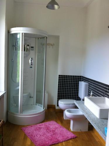 a bathroom with a shower and a toilet and a sink at Casale di Charme Bellaria in Rocca D'Arazzo