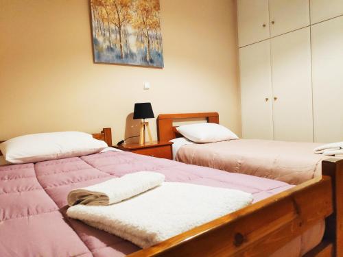 a bedroom with two beds and a painting on the wall at Penthouse in center of sparta in Sparti