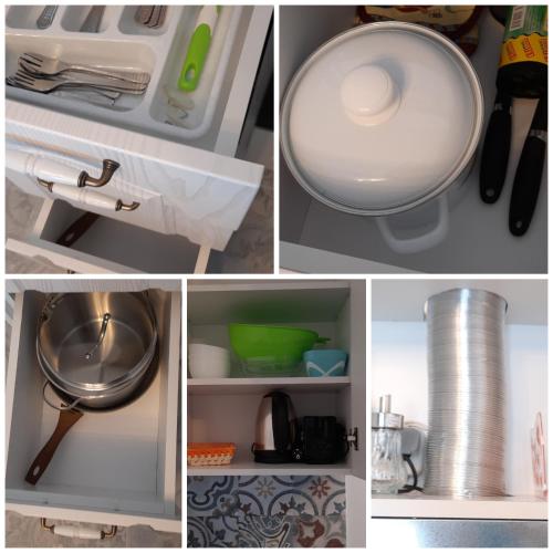 a collage of photos of a kitchen with a strainer at A-33-Sea View Studio Apartment Sarafovo in Burgas City