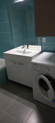 a bathroom with a washing machine and a sink at 100m lac et piste cyclable avec parking gratuit in Sévrier