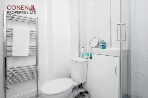 a white bathroom with a toilet and a sink at CONEN Aplite Apartment in London