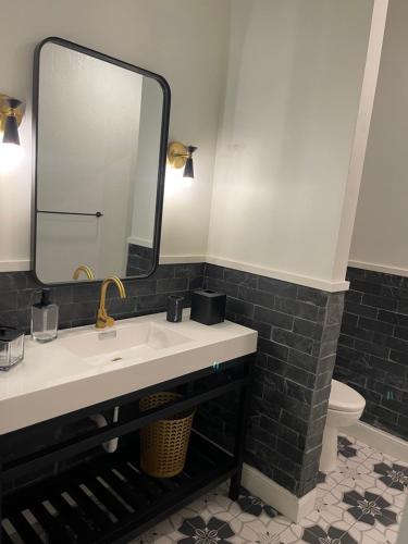 a bathroom with a sink and a mirror and a toilet at Gold Suite by Hollyhock- Executive-Level Living in Louisville