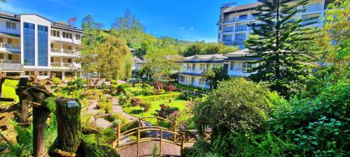 a garden in the middle of a city with buildings at Eastend Munnar in Munnar