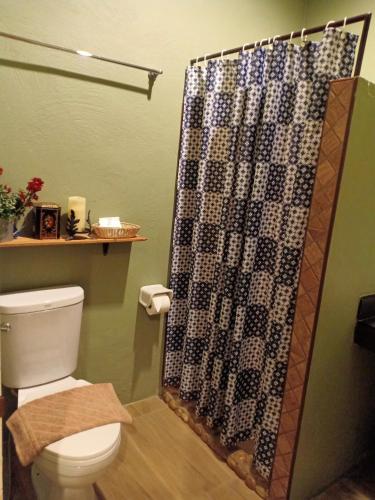 a bathroom with a toilet and a shower curtain at The Green Land Farm in Si Khio