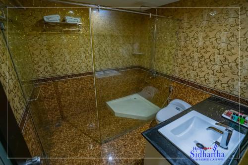 a bathroom with a shower with a toilet and a sink at Hotel Sidhartha Chalakudy in Kizhake Chālakudi