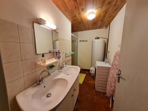 La salle de bains est pourvue d'un lavabo et d'un miroir. dans l'établissement Gîte Benet, 5 pièces, 8 personnes - FR-1-426-146, à Benet