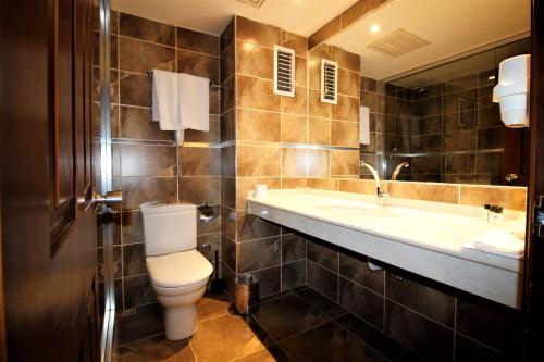 a bathroom with a toilet and a sink and a tub at Montania Town Hotel Mudanya in Mudanya