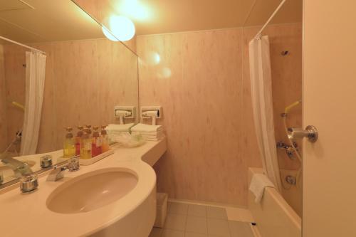 een badkamer met een wastafel, een toilet en een douche bij Izumigo AMBIENT Azumino Hotel in Azumino