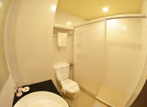 een kleine badkamer met een toilet en een douche bij Hotel Sentral Seaview @ ​Beachfront in George Town