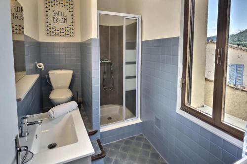 a bathroom with a toilet and a sink and a shower at Studio vue sur la roche, au calme Moustiers #1 in Moustiers-Sainte-Marie