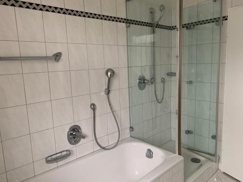 een badkamer met een douche en een bad bij Apartment "Wirtschaftswunder" in Rheinfelden