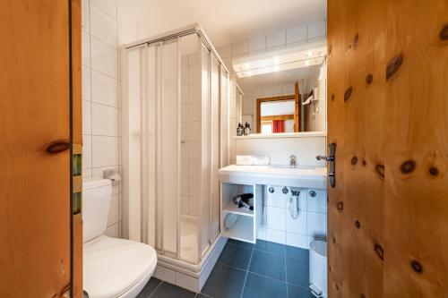 a bathroom with a shower and a toilet and a sink at Hotel Chesa Pool in Sils Maria