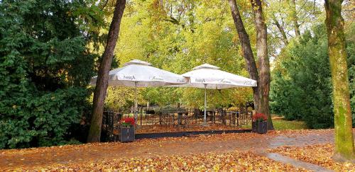 two white umbrellas in a park with trees at Arbia Dorka Heritage Palace in Varaždin