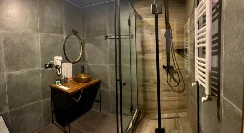 a bathroom with a shower with a glass shower stall at Gudauri Loft Hotel in Gudauri