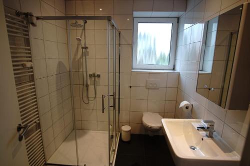 ein Bad mit einer Dusche, einem Waschbecken und einem WC in der Unterkunft Luxus-Appartement in Übach-Palenberg