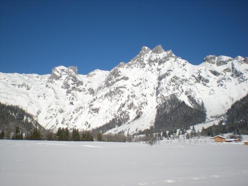 a snow covered mountain with a house in front of a lake at Apartment Rosi-1 by Interhome in Werfenweng