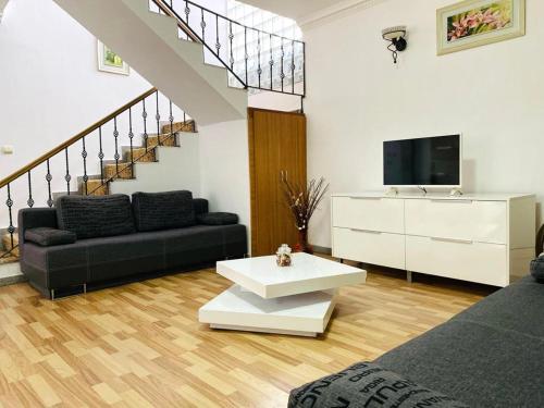 ein Wohnzimmer mit einem Sofa und einem TV in der Unterkunft Vile Verdi in Baile Felix