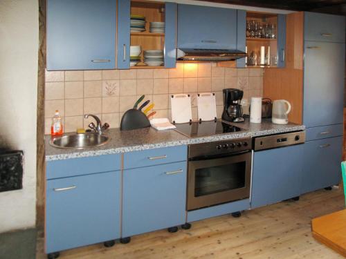 ウムハウゼンにあるHoliday Home Ennebach - NIT115 by Interhomeのキッチン(青いキャビネット、シンク付)