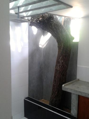 a bathroom with a tree in the corner of a room at Nagenahira Beach Villa in Nilaveli