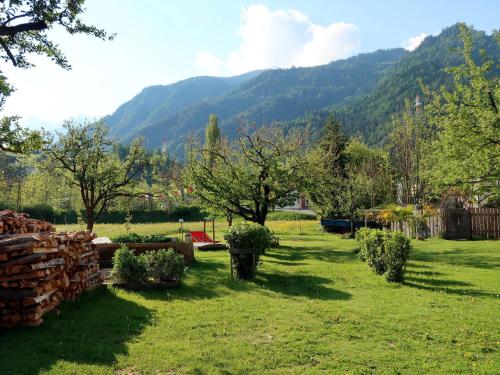 a yard with trees and a mountain in the background at Holiday Home Hackenschmiede - PTZ130 by Interhome in Prutz