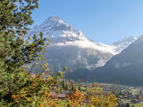 una montaña en la distancia con una ciudad en primer plano en Apartment Chalet Shangri La by Interhome, en Grindelwald