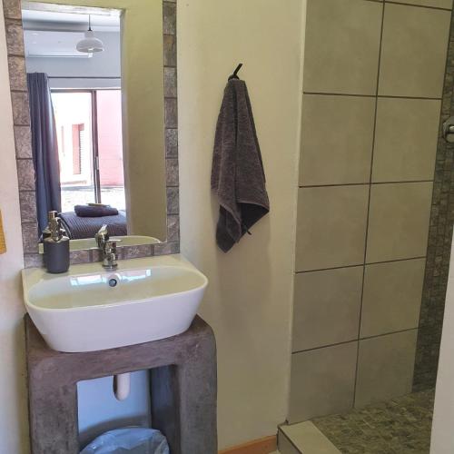 a bathroom with a sink and a mirror at Delikaat Bed & Coffee in Prieska