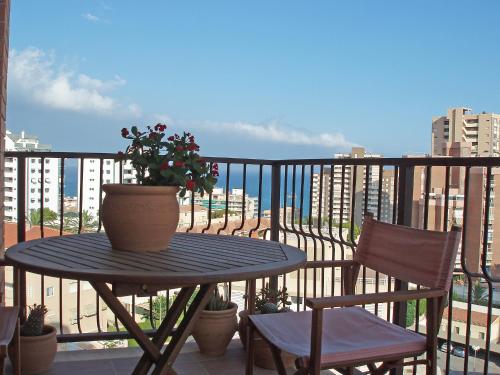 einen Tisch und Stühle auf einem Balkon mit Topfpflanze in der Unterkunft Apartment Las Cinco Torres by Interhome in El Campello