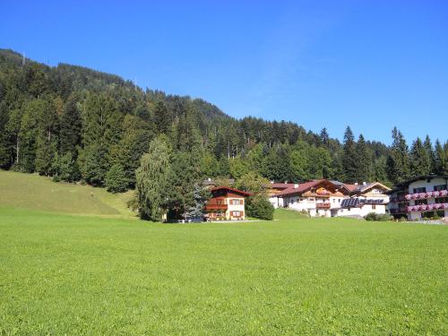 a large green field with houses in the background at Holiday Home Hussl by Interhome in Fügenberg