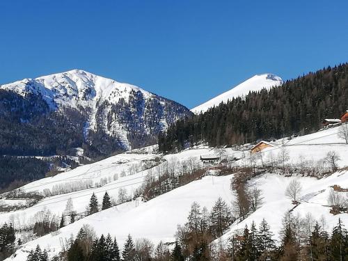 a snow covered mountain with trees and a house on it at Apartment Spieglhof-2 by Interhome in Sarntal