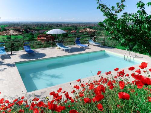 a swimming pool in a field of red flowers at Holiday Home Agrumi by Interhome in Montevettolini